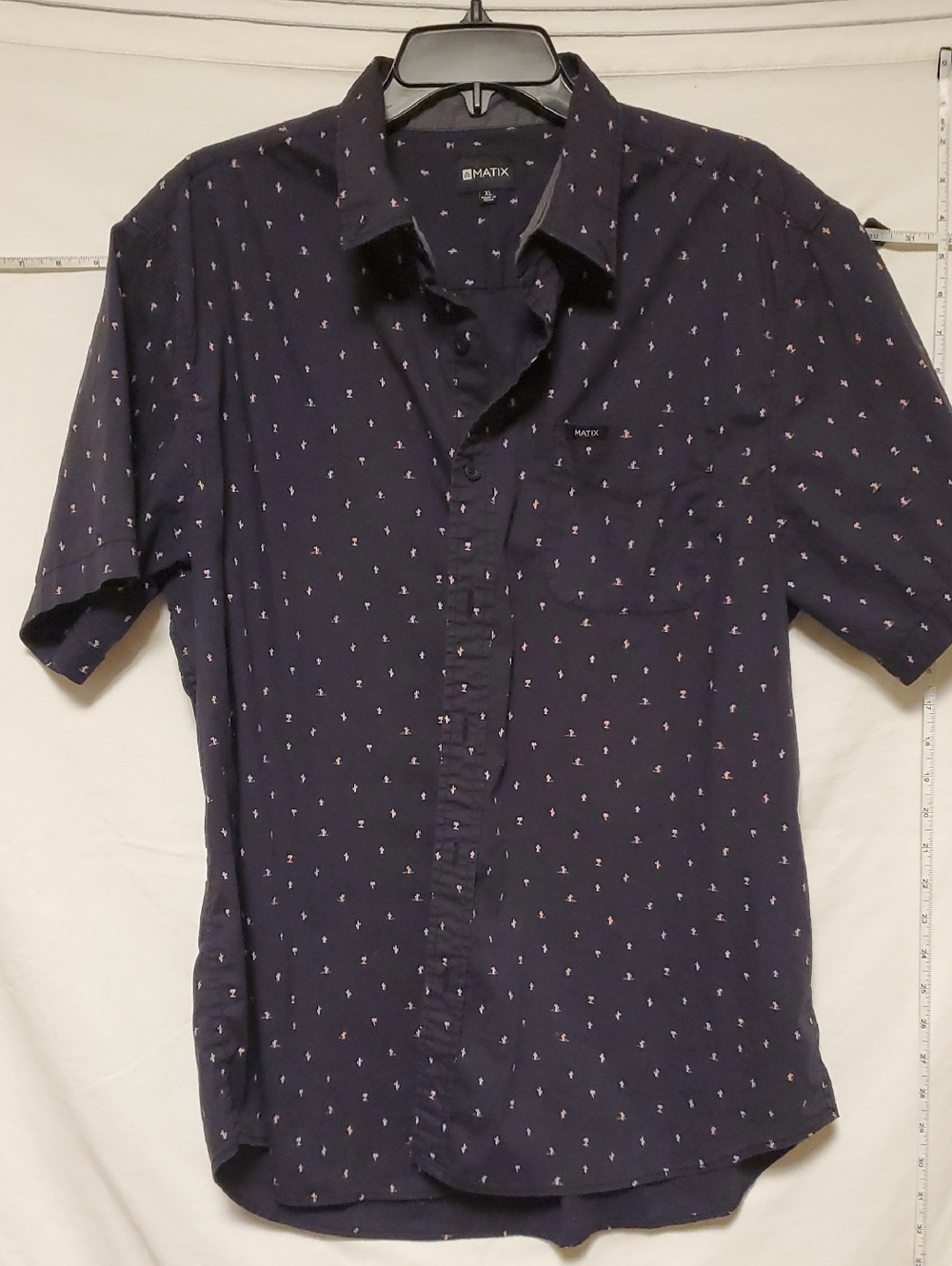 Matix Navy Button Cotton Short Sleeve Shirt with Pink Micro Palm Tree & Cactus